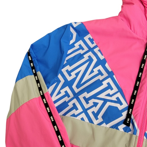 Victorias‎ Secret Jacket M/L Retro Sherpa Lined Neon Pink Blue Hooded Zip Coat - Picture 5 of 15